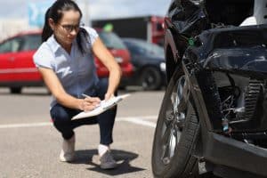 Mulher analisando carro após agendamento de vistoria